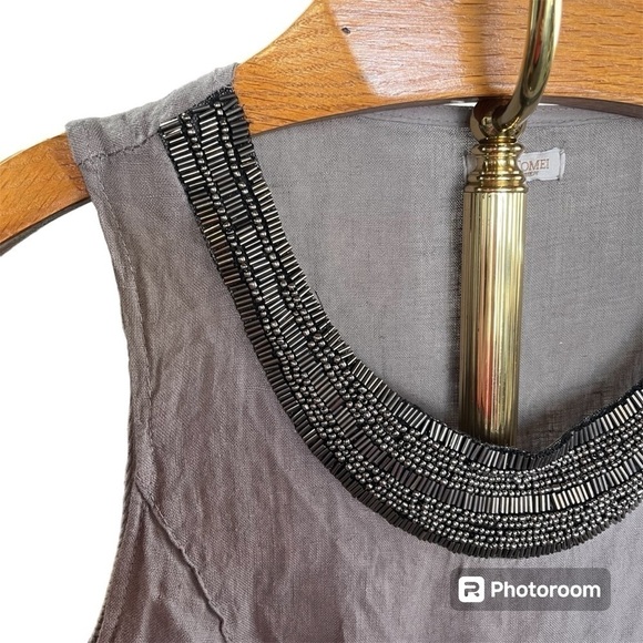 LINA TOMEI ~ Grey Linen Dress With Metallic Neckline Beading and Cotton Panels - Picture 2 of 10